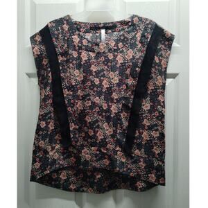 Kensie Women's Size Medium Black Pink Peach Floral Cap Sleeve Blouse